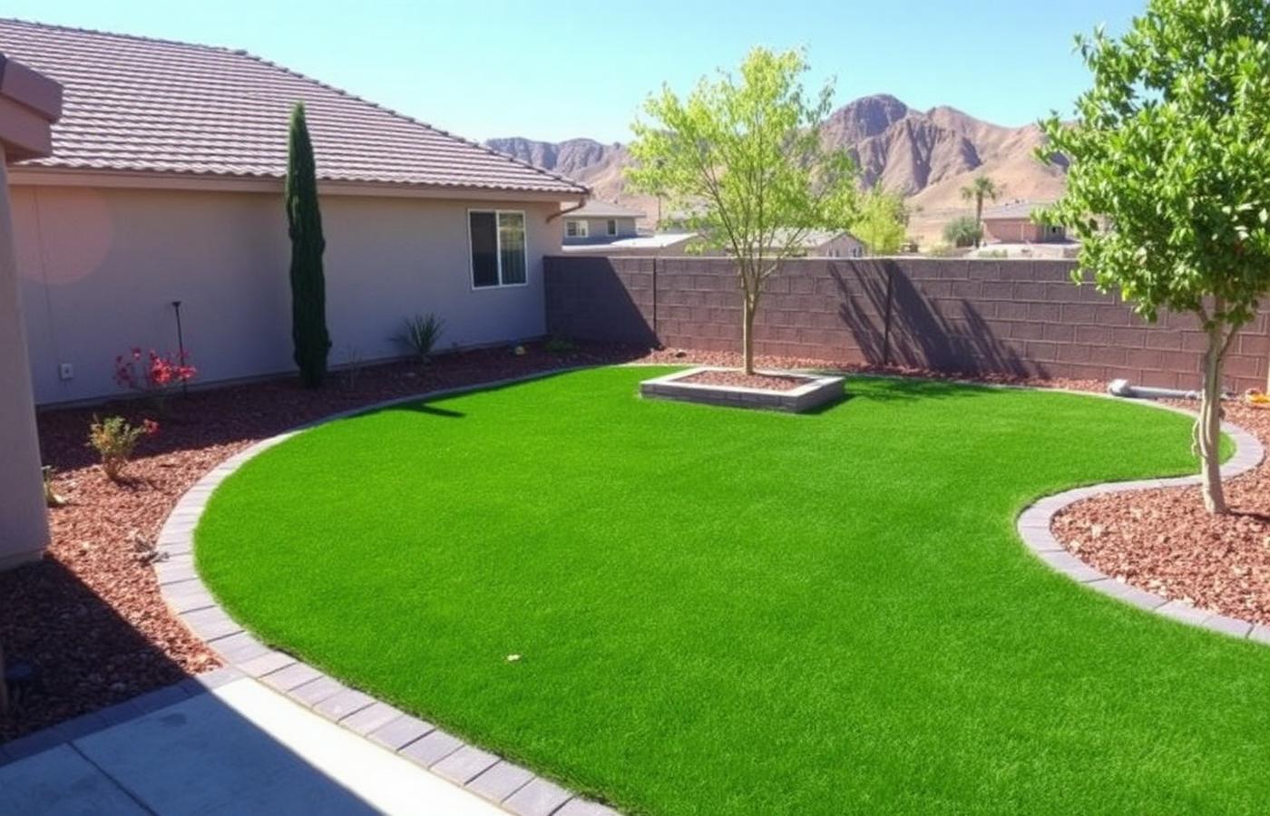 Finished backyard with artificial turf, paver border and planting beds