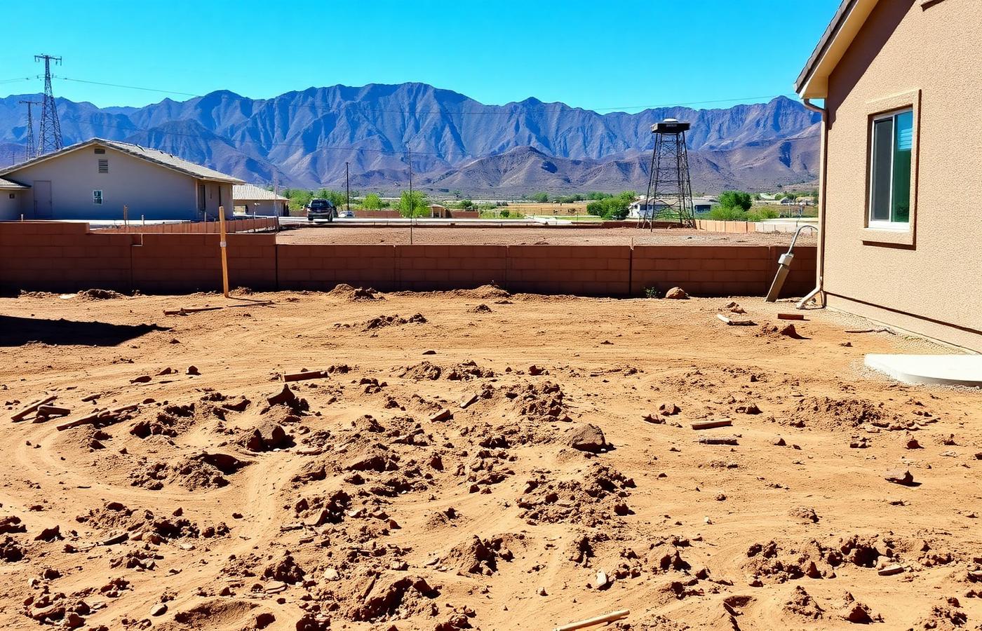 Bare dirt backyard before landscaping
